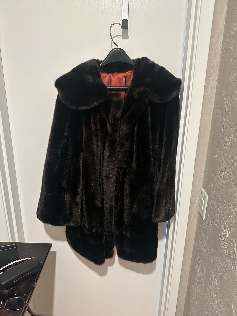Tissavel of France Dark Brown Mink Fur Coat with Red Lining